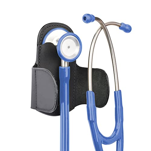 Blue dual-head stethoscope in black leather case with chrome tubing and blue earpieces.
