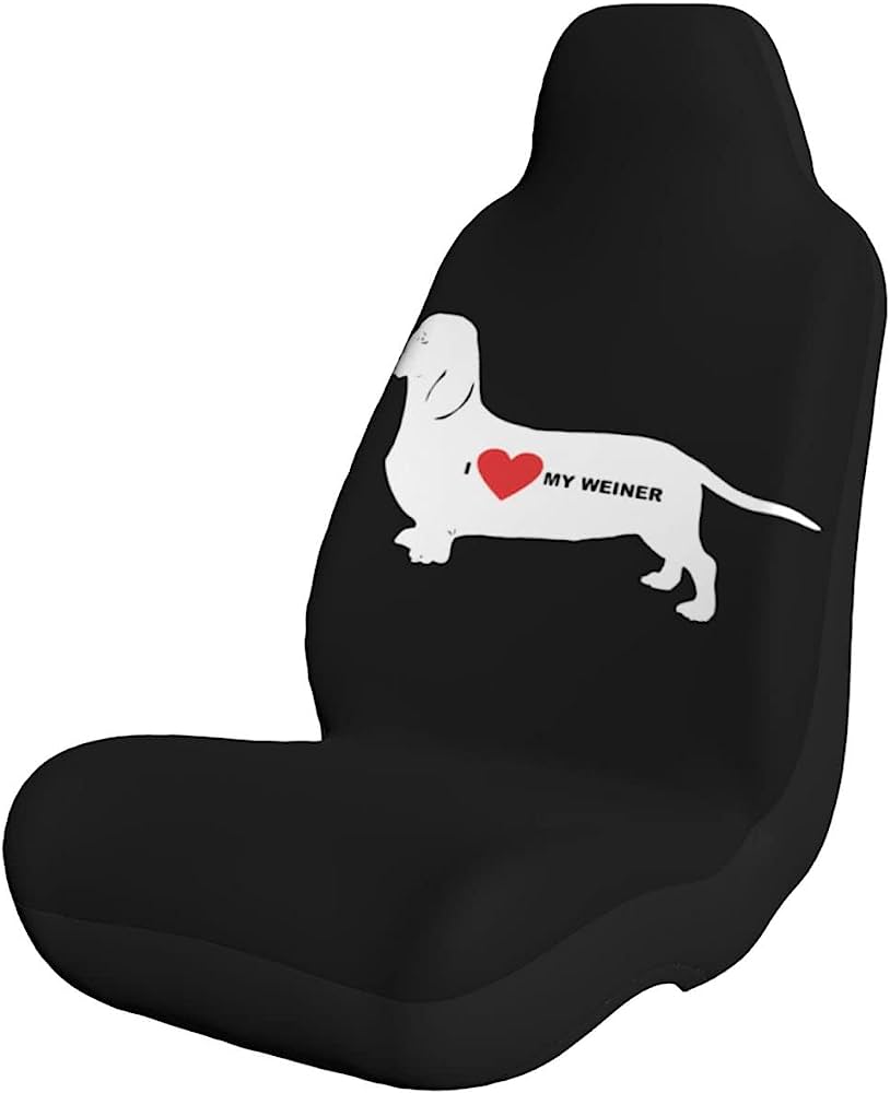 Black car seat cover featuring a white dachshund silhouette with "I ❤️ MY WEINER" text and red heart.