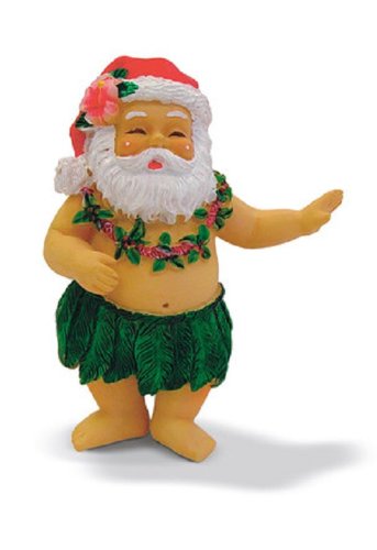 Tropical Santa figurine wearing red hat, floral lei, and green hula skirt, smiling with outstretched arm.