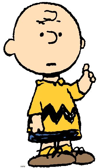 Charlie Brown, the iconic bald boy in a yellow zigzag shirt, pointing upward with a thoughtful expression.