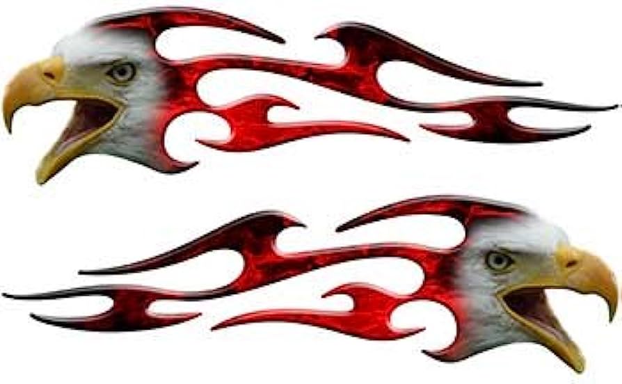Two stylized bald eagle heads with red flame motifs, one roaring left, one right, on white background.