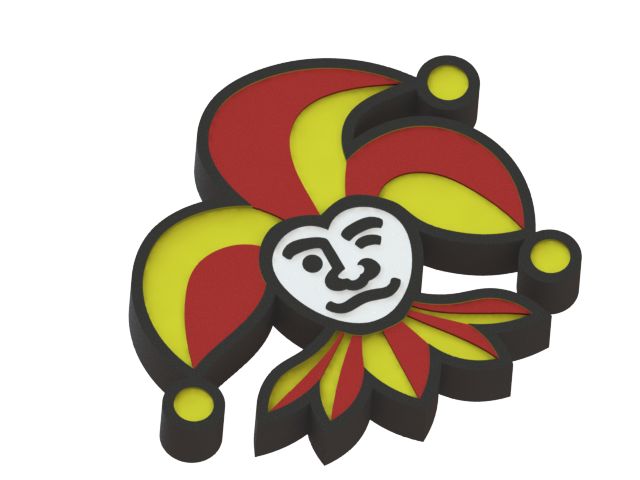 Stylized 3D jester hat in red and yellow with a smiling white face emblem at the center.