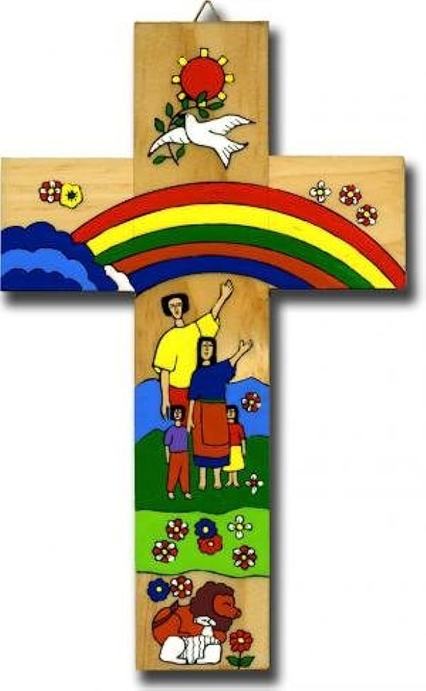 Hand-painted wooden cross depicting a family, rainbow, dove with olive branch, sun, flowers, and lion with lamb symbolizing peace and hope.