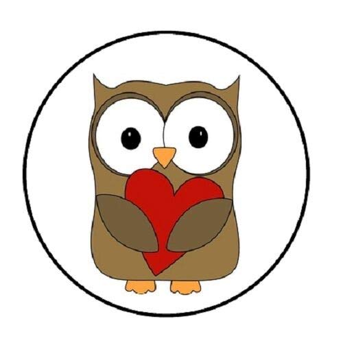 Cute cartoon owl holding a red heart inside a black circle.