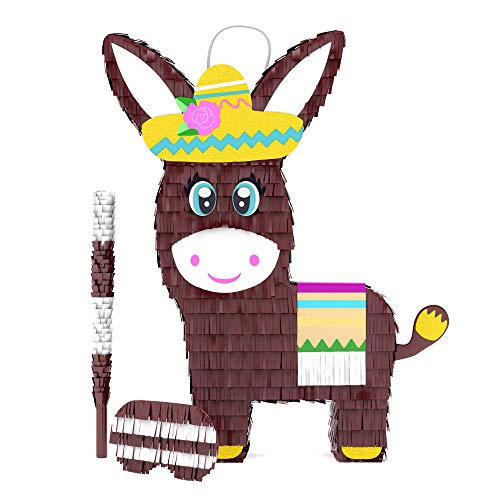 Brown donkey piñata wearing a yellow sombrero and colorful serape, with striped stick and blindfold.