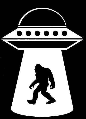 UFO abducting a Bigfoot-like creature in a beam of light, stylized black-and-white silhouette illustration.
