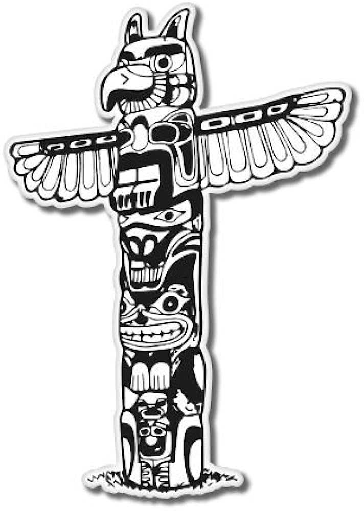 Black-and-white stylized totem pole with eagle, bear, and other Indigenous Northwest Coast figures in traditional formline art.