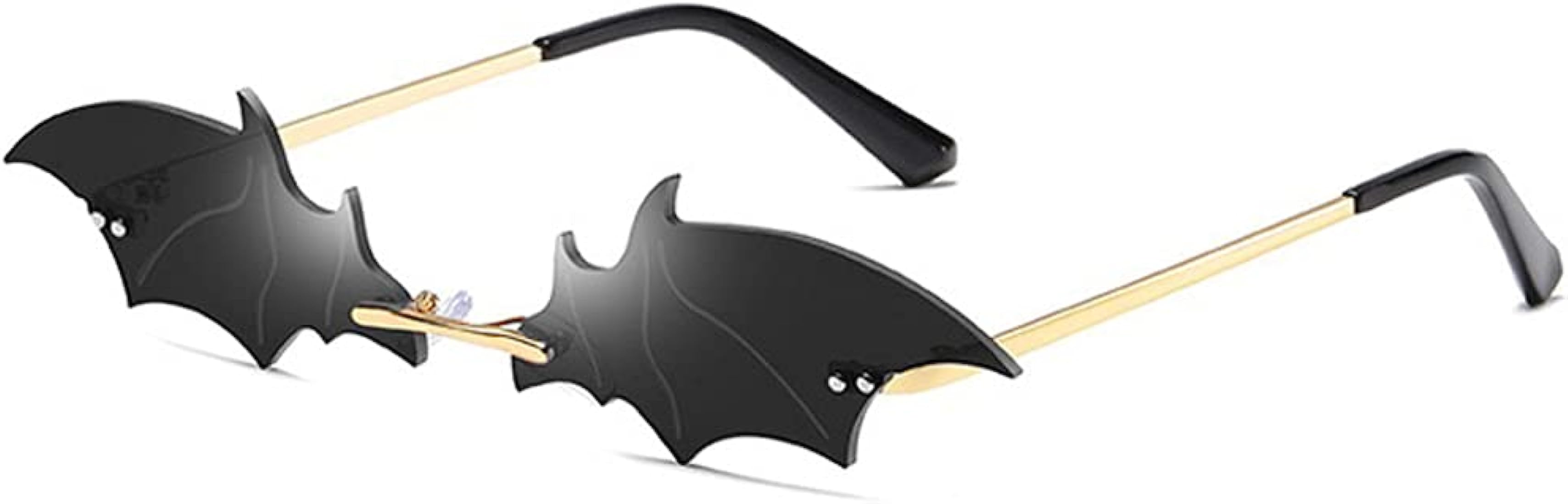 Black bat-wing-shaped novelty sunglasses with gold-tone arms and nose bridge, displayed on white background.