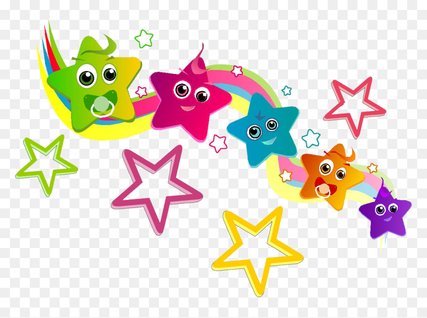 Colorful cartoon stars with faces, pacifiers, and rainbow trails on a transparent background.