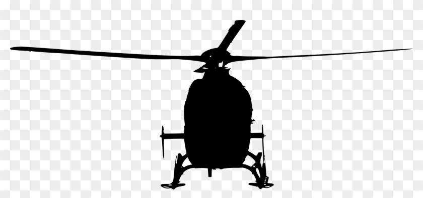 Black silhouette of a helicopter viewed from the front, with main rotor blades extended horizontally.