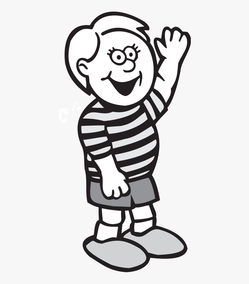 Cheerful cartoon boy in striped shirt waving hello, black-and-white line art with gray shading.