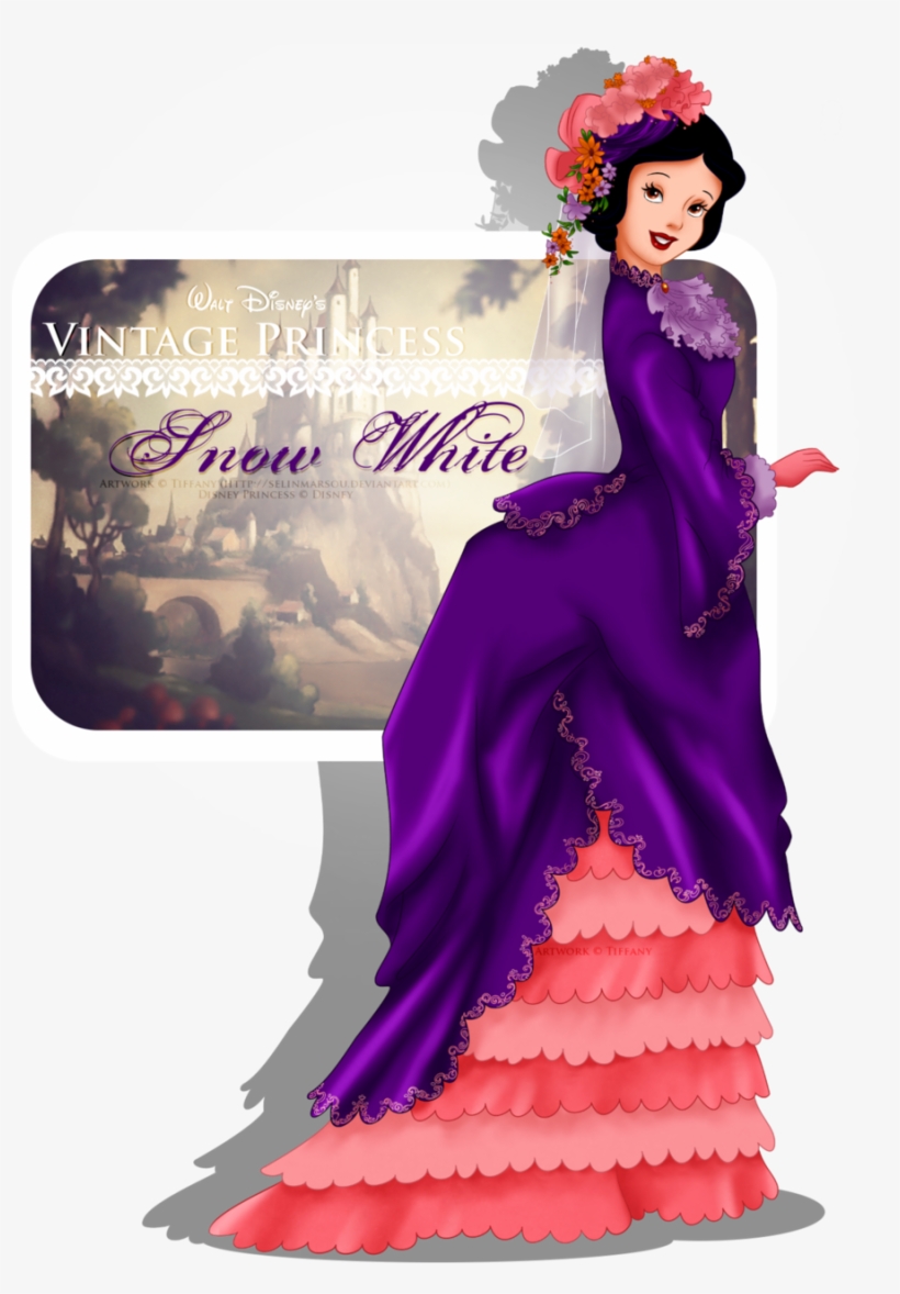Vintage-style Snow White in a regal purple and pink gown with floral crown, inspired by Disney’s classic princess.