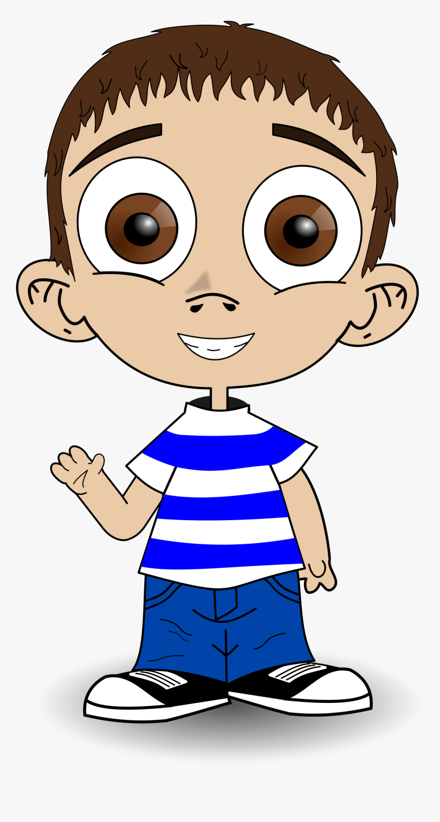 Cartoon boy with big brown eyes, striped shirt, waving hand, smiling face.