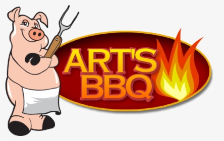 Cartoon pig chef holding a barbecue fork beside "Art's BBQ" logo with flame graphic.