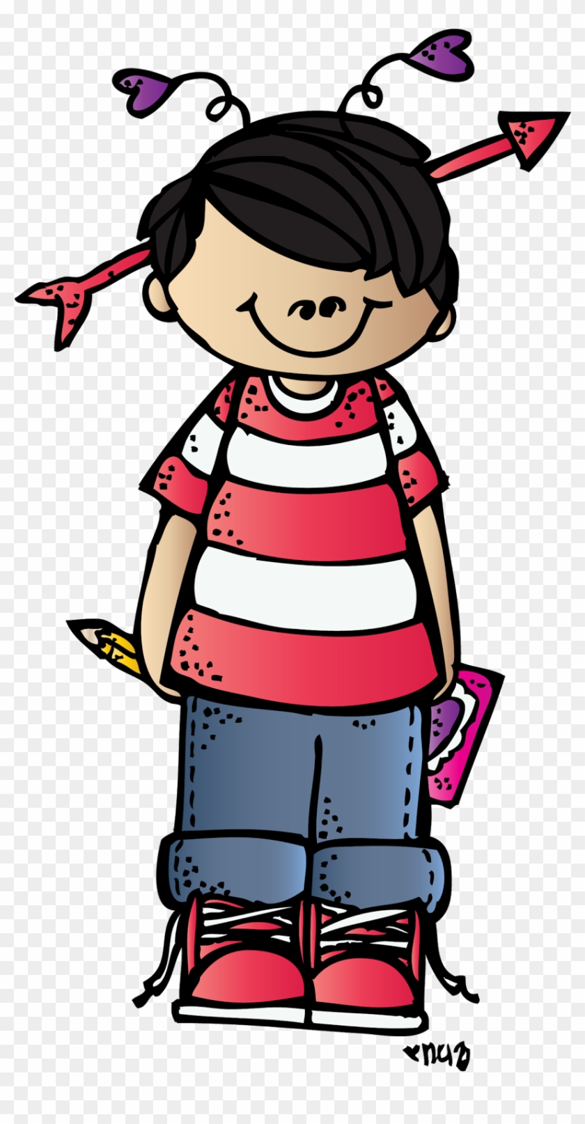 Smiling cartoon child with Cupid arrows in hair, holding pencil and notebook, wearing striped shirt and jeans.