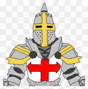 Medieval knight in silver armor with yellow accents and red cross emblem on chest, helmet with pointed top and visor.