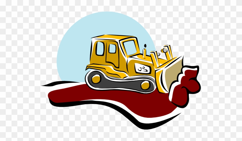 Yellow bulldozer on red ground with blue sky backdrop, stylized construction logo illustration.
