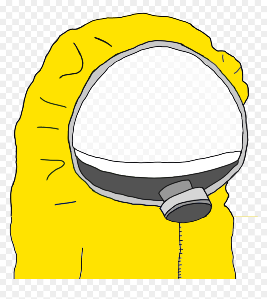 Hand-drawn yellow hazmat suit with clear face shield and respirator filter, cartoon-style illustration.