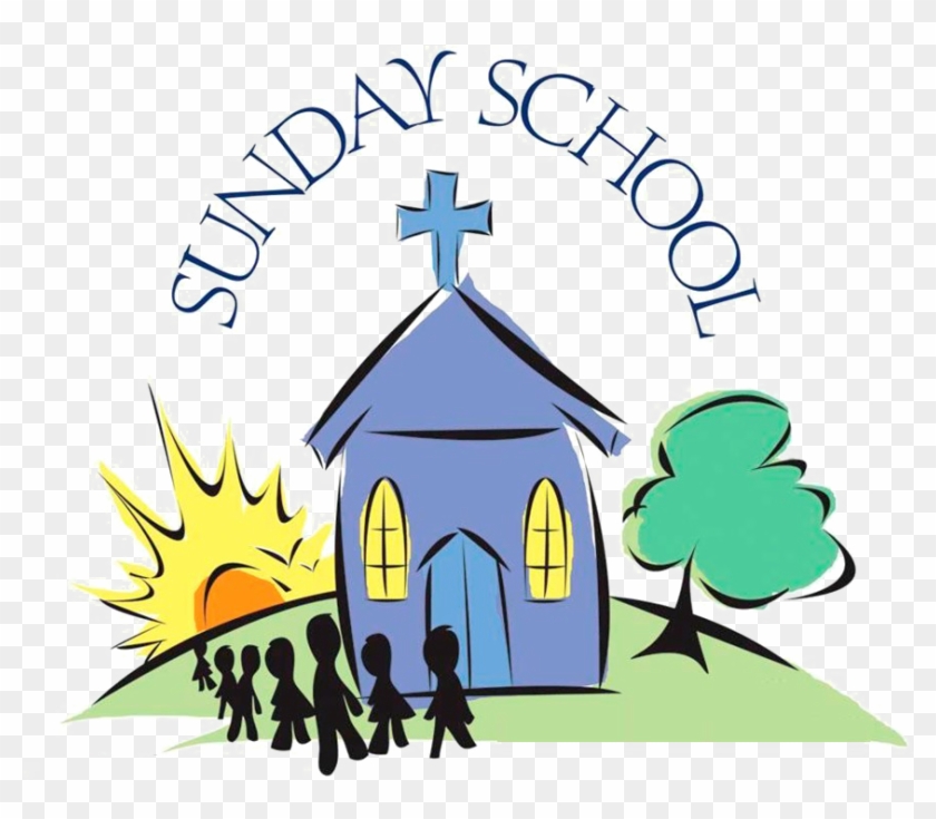 Blue church with cross, sun rising, children silhouettes, tree, and "SUNDAY SCHOOL" arched text above.