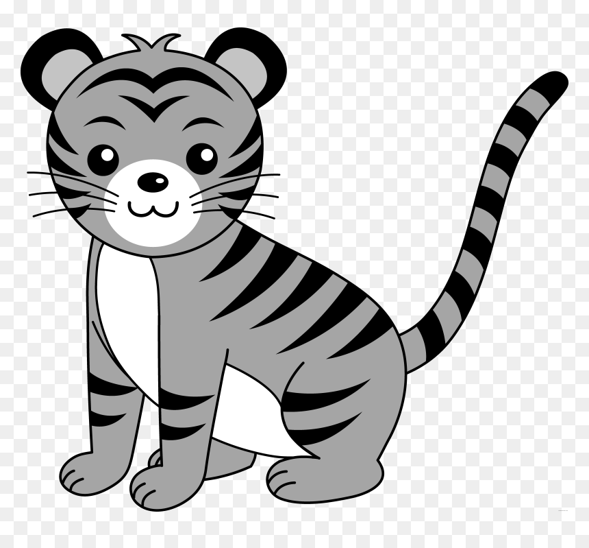 Cute cartoon tiger sitting upright with striped fur, big eyes, and a friendly smile on transparent background.