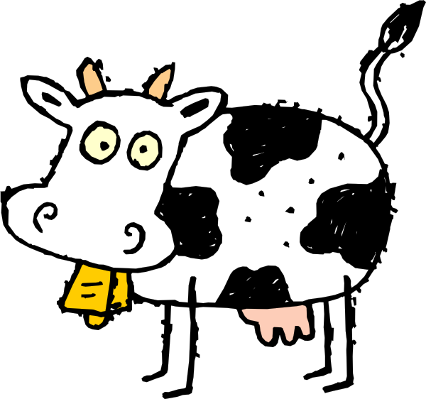 Hand-drawn cartoon cow with black spots, yellow bell, and expressive eyes.