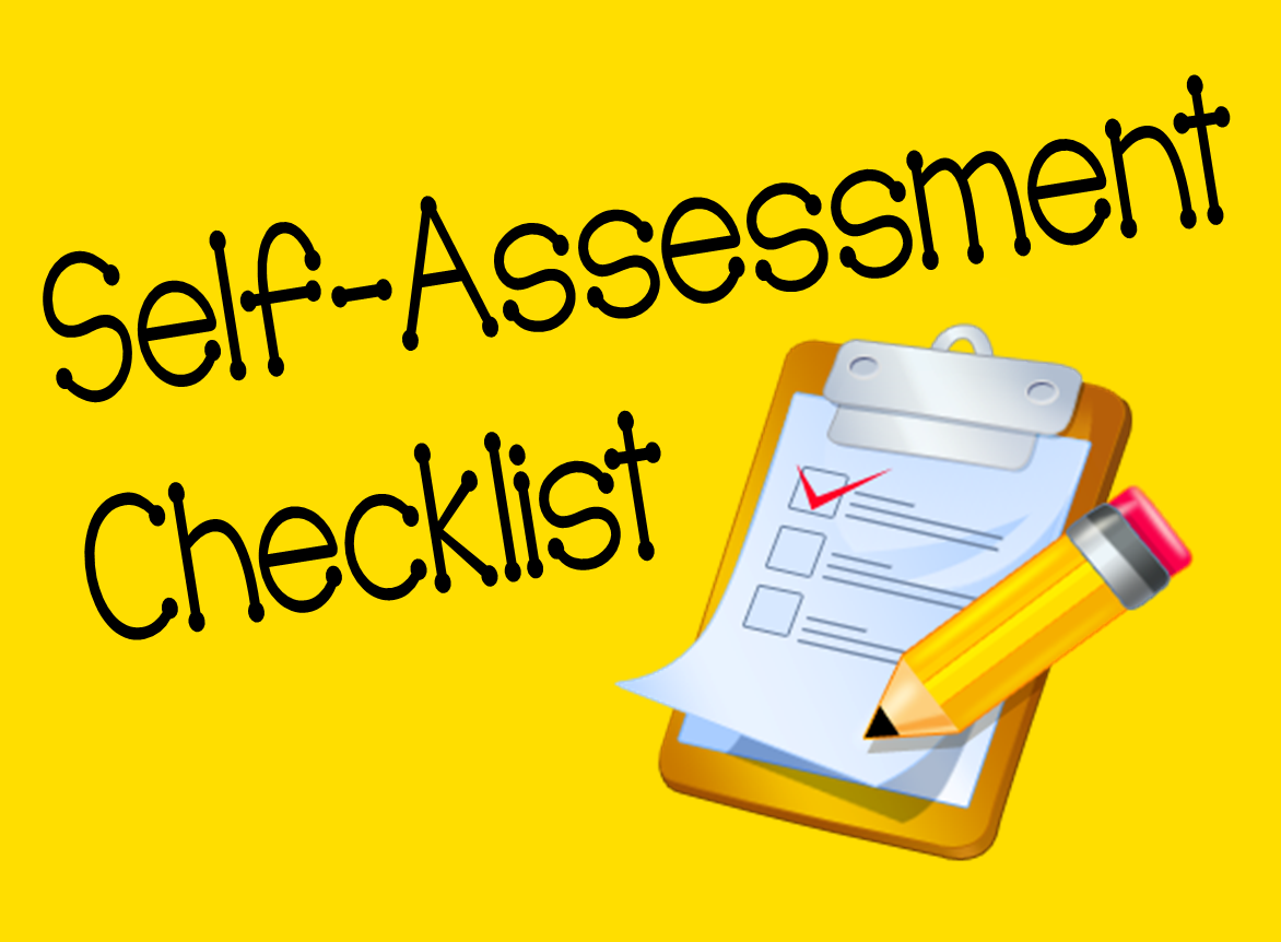 Yellow background with bold text "Self-Assessment Checklist" beside a clipboard holding a checklist and a pencil.