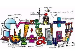 Colorful hand-drawn illustration of the word "MATH" surrounded by symbols, tools, and equations representing mathematics concepts.