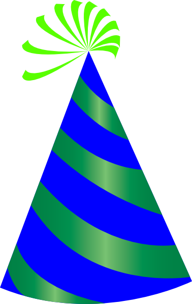 Blue and green striped party hat with a bright green fan-shaped pom-pom on top, set against a black background.