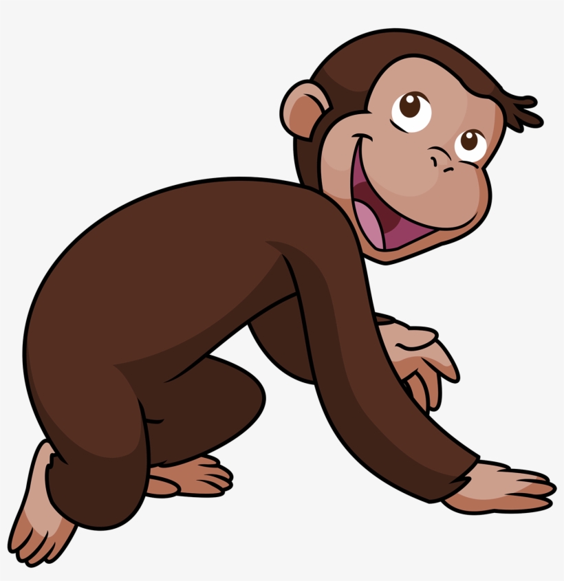 Smiling cartoon monkey in a playful crouching pose, brown fur, expressive eyes and open mouth.