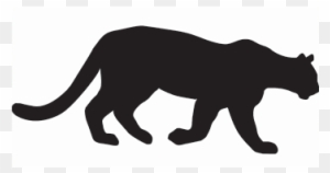 Black silhouette of a walking large feline, likely a cougar or jaguar, in profile against white background.