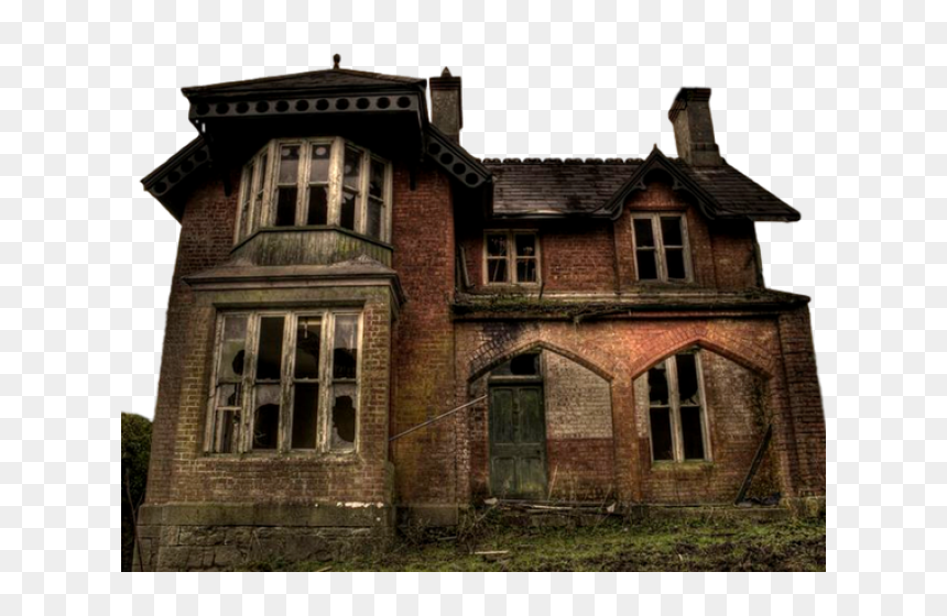 Dilapidated Victorian brick house with broken windows, overgrown vegetation, and weathered roof details.