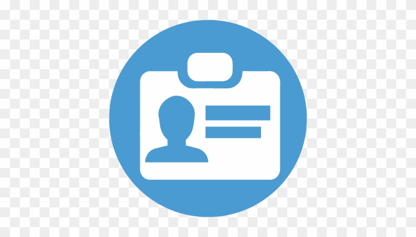 Blue circular icon depicting a white ID badge with a silhouette and text lines, symbolizing user identity or profile.