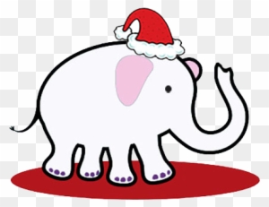 White cartoon elephant wearing a red Santa hat, standing on a red oval rug.