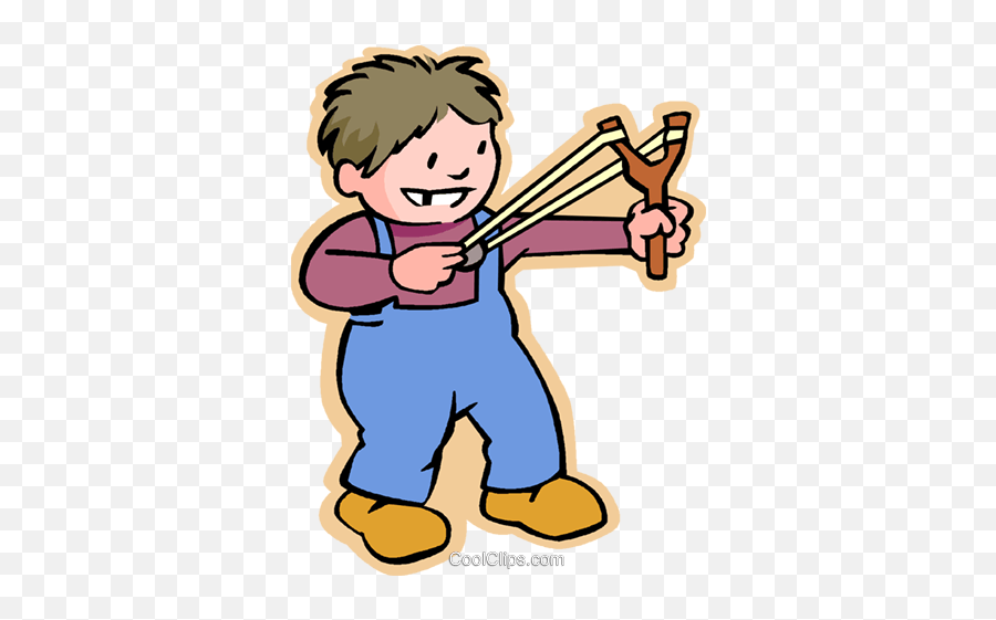 Smiling cartoon boy in blue overalls aiming a wooden slingshot with rubber bands.