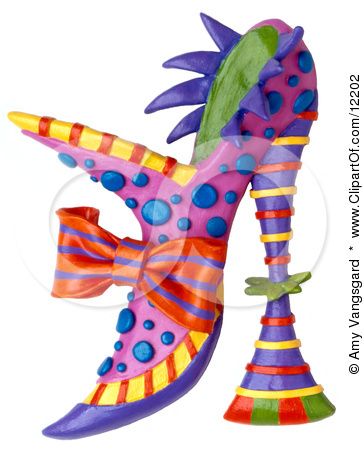 Vibrant, whimsical high-heeled shoe sculpture with colorful stripes, polka dots, spikes, and a bow, in playful fantasy style.