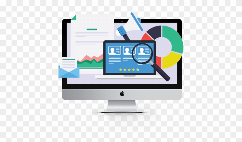 Desktop monitor displaying analytics, user profiles, charts, magnifying glass, and email icons for digital marketing or HR tech.