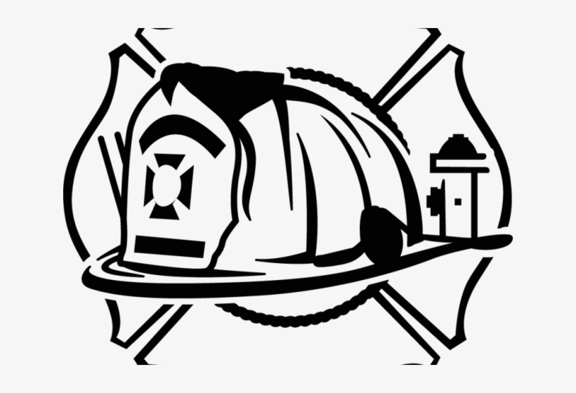 Black-and-white firefighter helmet with Maltese cross, fire hydrant, and crossed axes on a shield background.