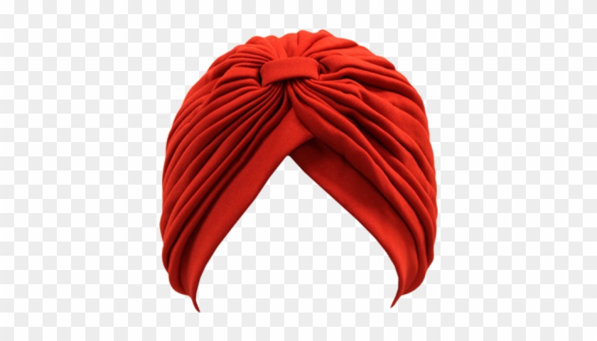 Vibrant red pleated turban with central knot, styled for fashion or cultural wear.