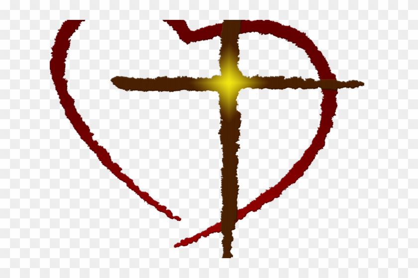 A red heart outline with a brown cross inside, glowing yellow at the center, symbolizing Christian love and sacrifice.
