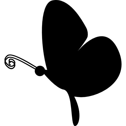 Black silhouette of a stylized butterfly with curled antennae on white background.