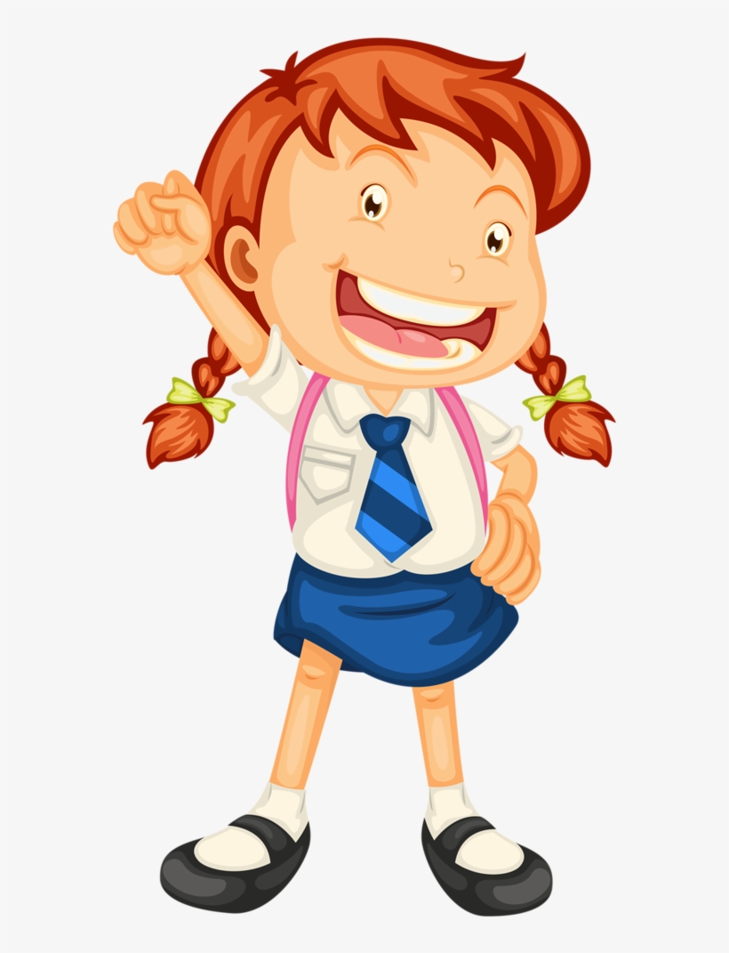 Cheerful cartoon girl in school uniform with pigtails, raising fist in excitement.