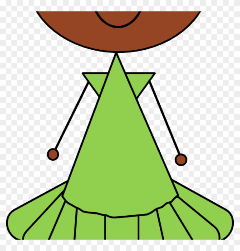 Stylized cartoon figure with brown head, green triangular dress, and stick arms ending in circles.
