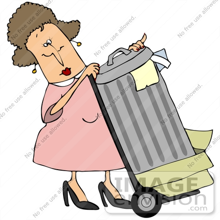 A cartoon woman in a pink dress and high heels pushing a wheeled trash can with papers spilling out.