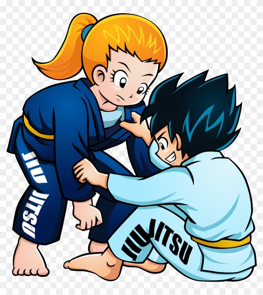 Two animated kids in jiu-jitsu gis practicing a grappling move, one in blue with yellow belt, one in light blue with yellow belt.