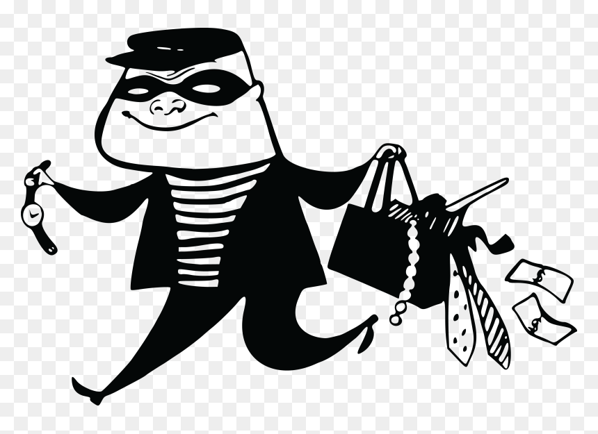 Cartoon thief in mask and hat running with stolen items including watch, purse, jewelry, and cash.