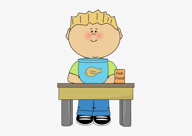 A smiling cartoon boy with blond hair sits at a table holding a blue fish food container and a small box labeled "Fish Food".