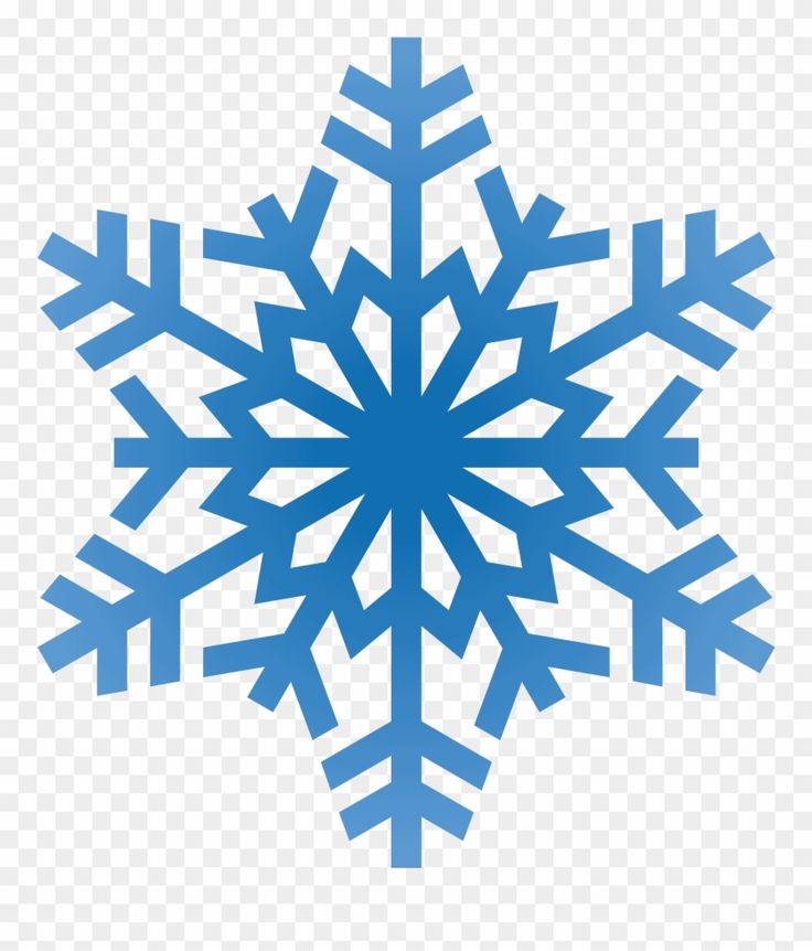 Blue six-pointed snowflake icon with symmetrical branches on transparent background