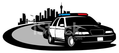 Police cruiser with flashing lights on a curved road against city skyline backdrop.