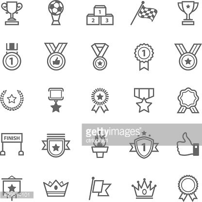 Collection of line-art icons representing trophies, medals, ribbons, crowns, flags, and finish lines for achievements and awards.