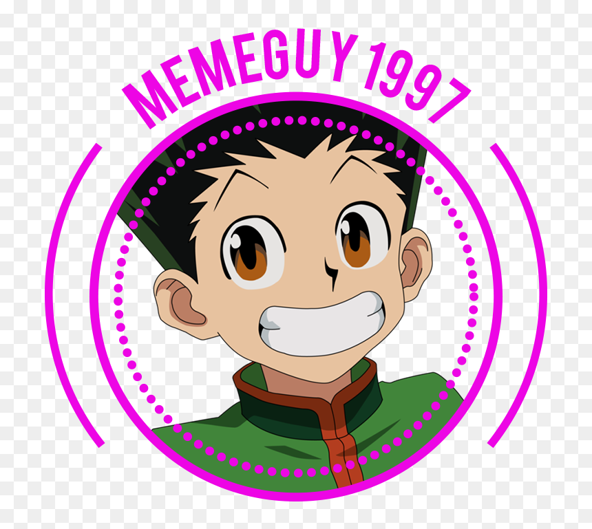 Animated character with spiky black hair, green jacket, and wide smile inside a pink circular logo labeled "MEMEGUY1997".
